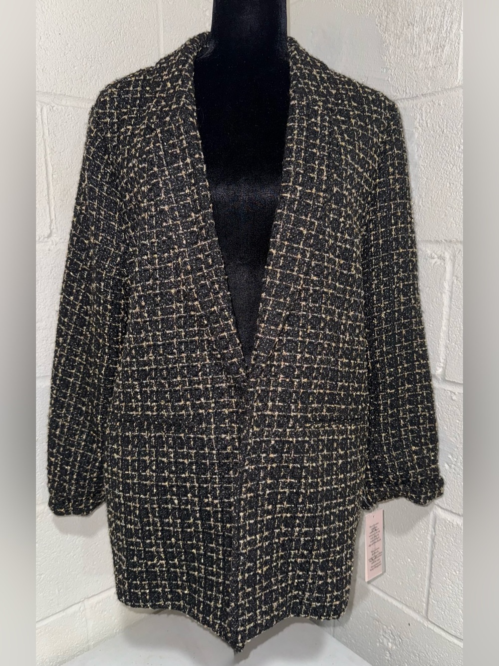 Nanette Lepore Very Black Gold Metallic Tweed Open Front Blazer - Size XL